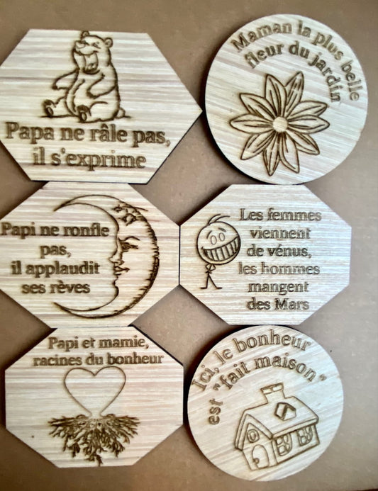 Magnets en bois gravées - Mots doux, drôles ou inspirants