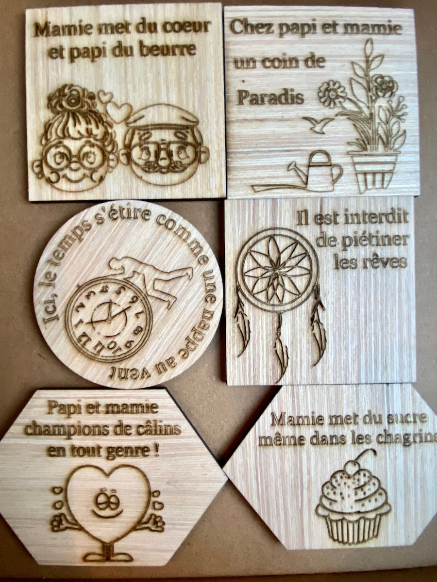 Magnets en bois gravées - Mots doux, drôles ou inspirants